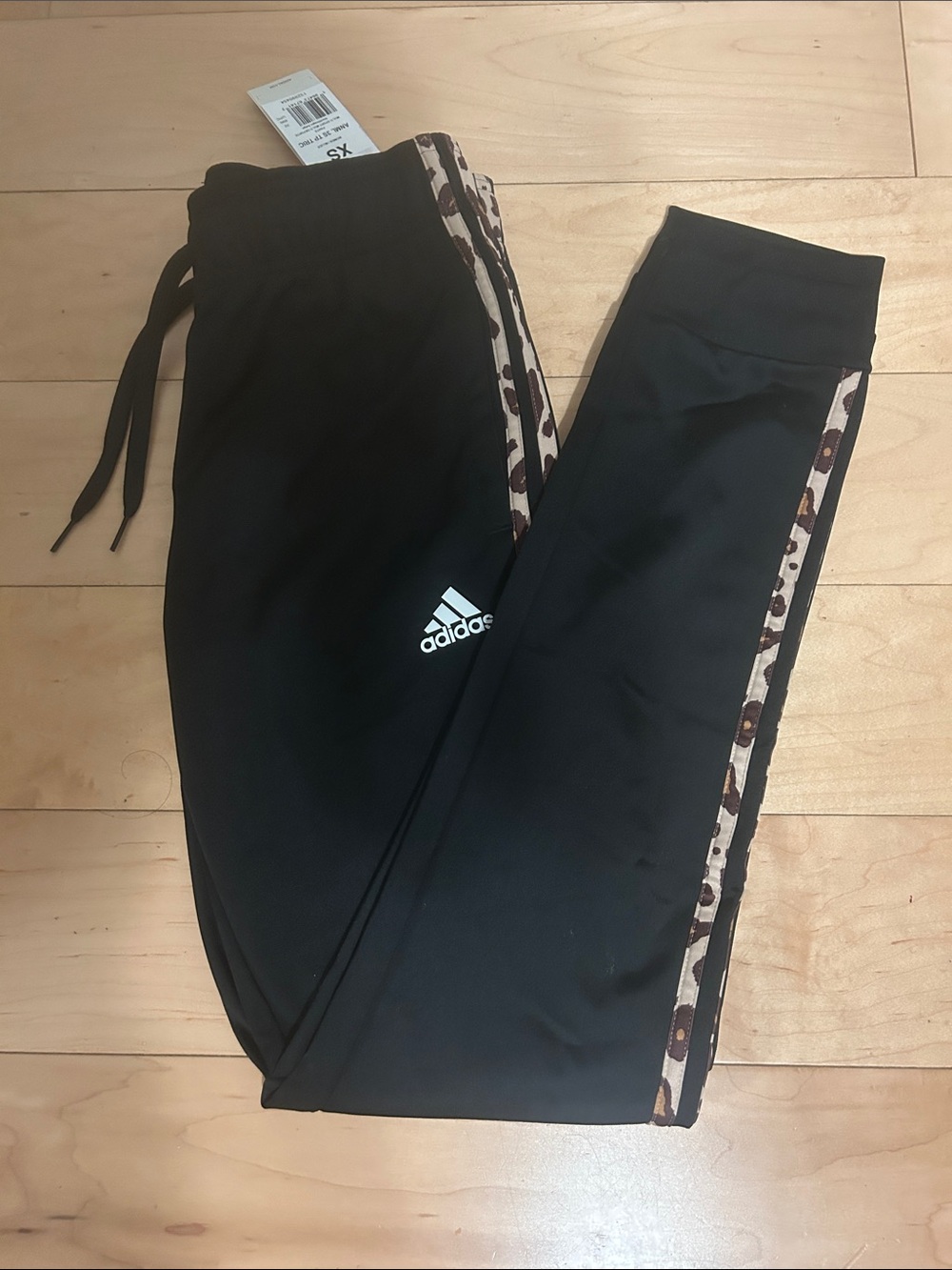 Adidas Black Track Pants with Leopard Print Side Stripes